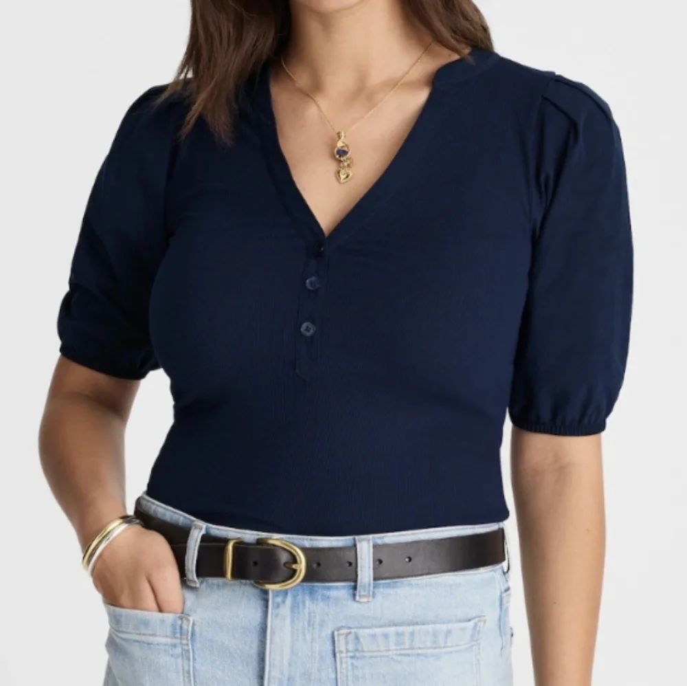 NWT Madewell Puff-Sleeve Henley Knit Top Midnight Navy Size XS Shirt Women's